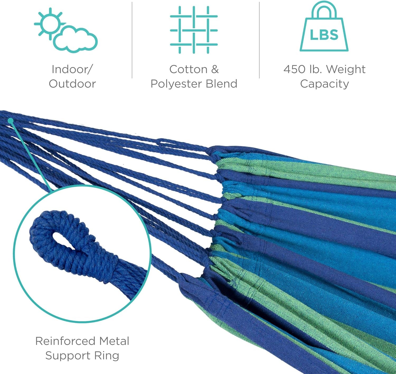 2-Person Brazilian Double Hammock Bed W/ Carrying Bag for Backyard, Patio, Indoor Outdoor Use, Cross-Woven Cotton Fabric for Comfort - Blue