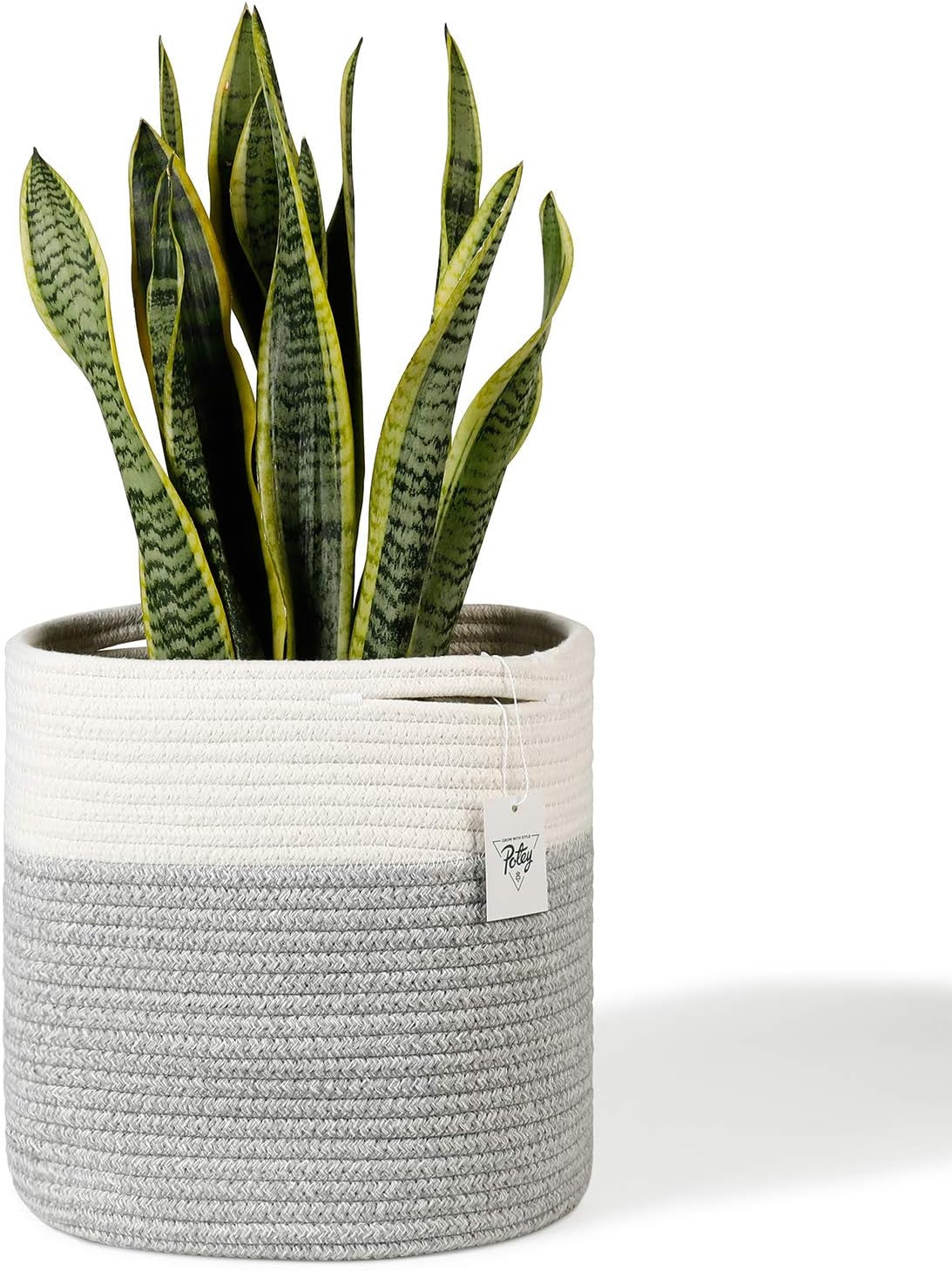 700902 Cotton Rope Woven Plant Basket Modern Woven Basket for 10" Flower Pot Floor Indoor Planters, Storage Organizer Basket Rustic Home Decor, White Grey Stripes 11"X 11"