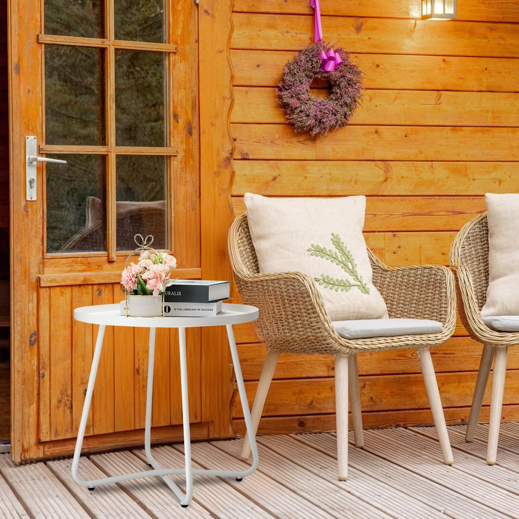 Outdoor Side Tables, Weather Resistant Steel Patio Side Table, Small round Outdoor End Table Metal Side Table for Patio Yard Balcony Garden Bedside White