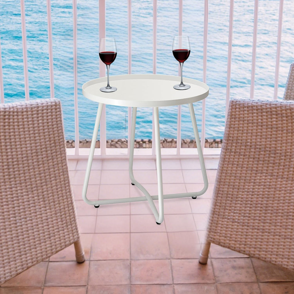 Outdoor Side Tables, Weather Resistant Steel Patio Side Table, Small round Outdoor End Table Metal Side Table for Patio Yard Balcony Garden Bedside White