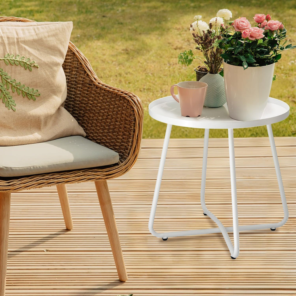 Outdoor Side Tables, Weather Resistant Steel Patio Side Table, Small round Outdoor End Table Metal Side Table for Patio Yard Balcony Garden Bedside White