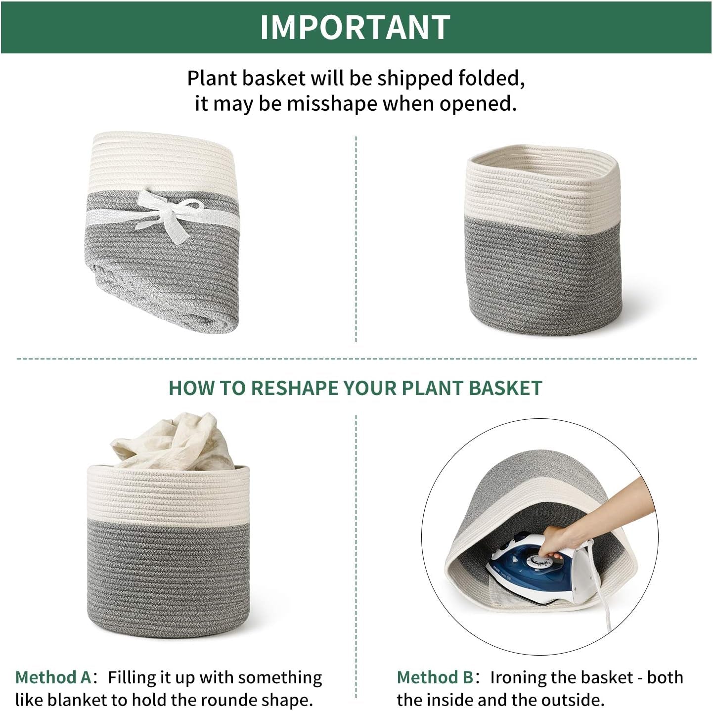 700902 Cotton Rope Woven Plant Basket Modern Woven Basket for 10" Flower Pot Floor Indoor Planters, Storage Organizer Basket Rustic Home Decor, White Grey Stripes 11"X 11"