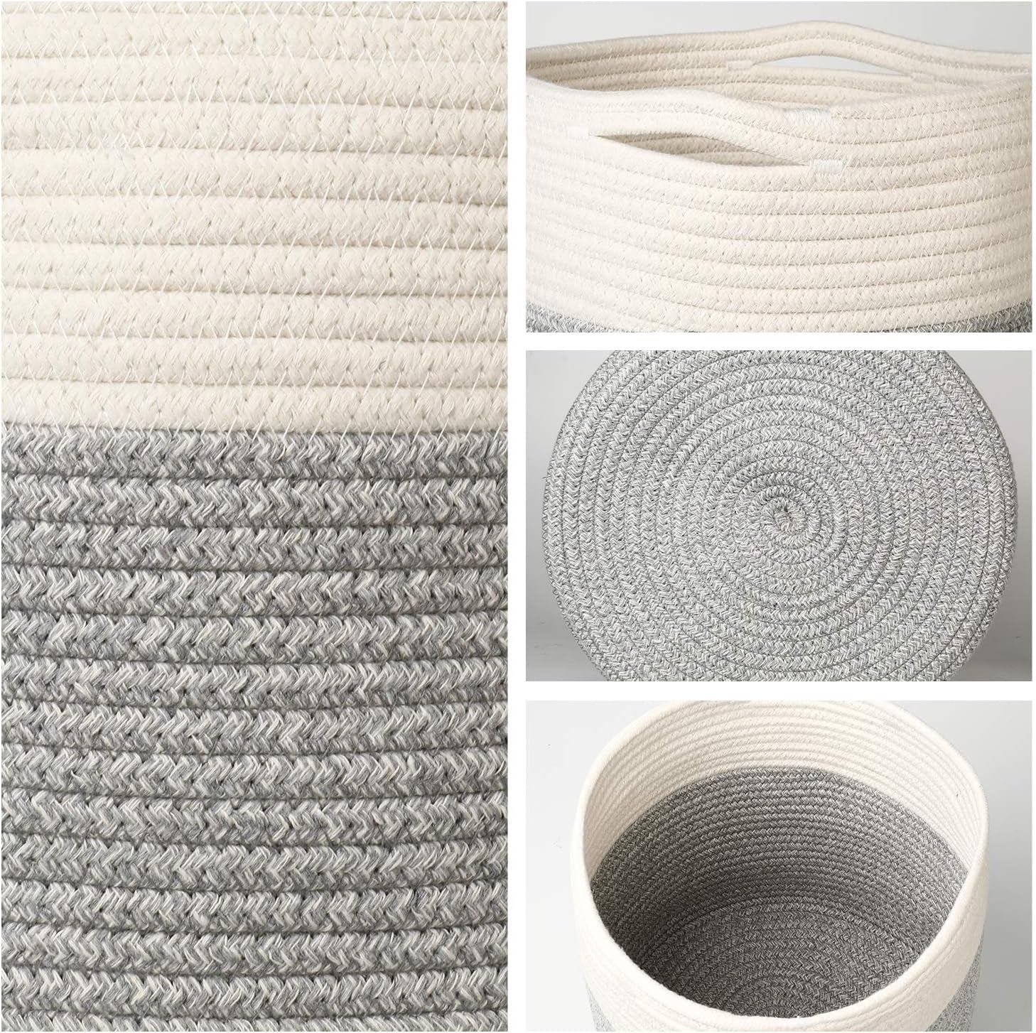700902 Cotton Rope Woven Plant Basket Modern Woven Basket for 10" Flower Pot Floor Indoor Planters, Storage Organizer Basket Rustic Home Decor, White Grey Stripes 11"X 11"