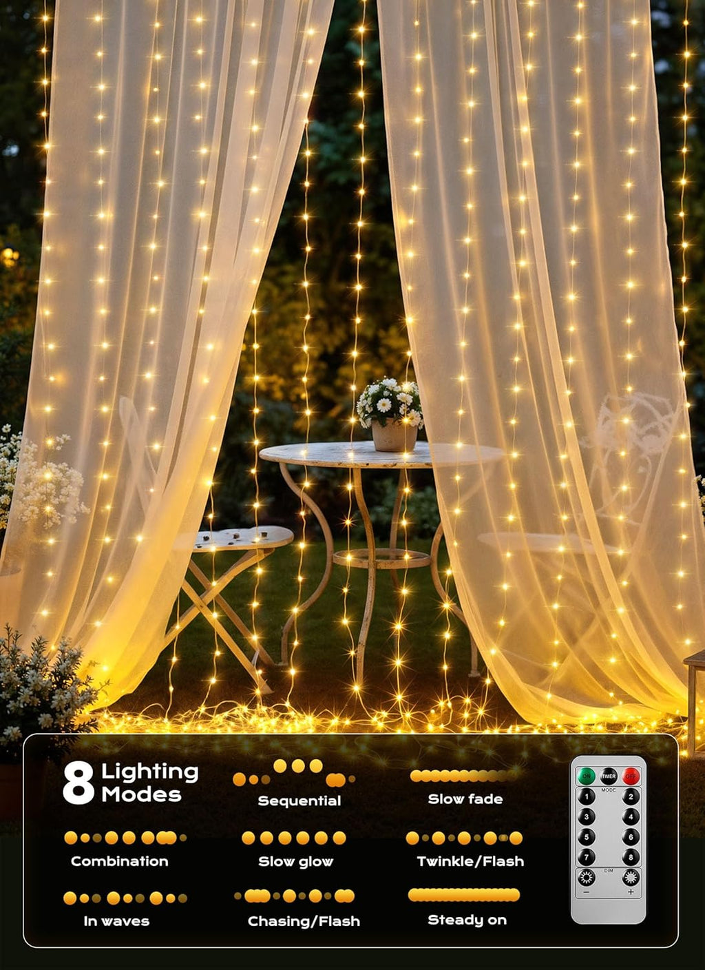 300 LED Curtain String Lights, 9.8 FT Hanging Fairy Lights with Remote, 8 Modes, Waterproof Window Lights for Bedroom Backdrop Wedding Outdoor Party Christmas Decorations(Not Connectable)