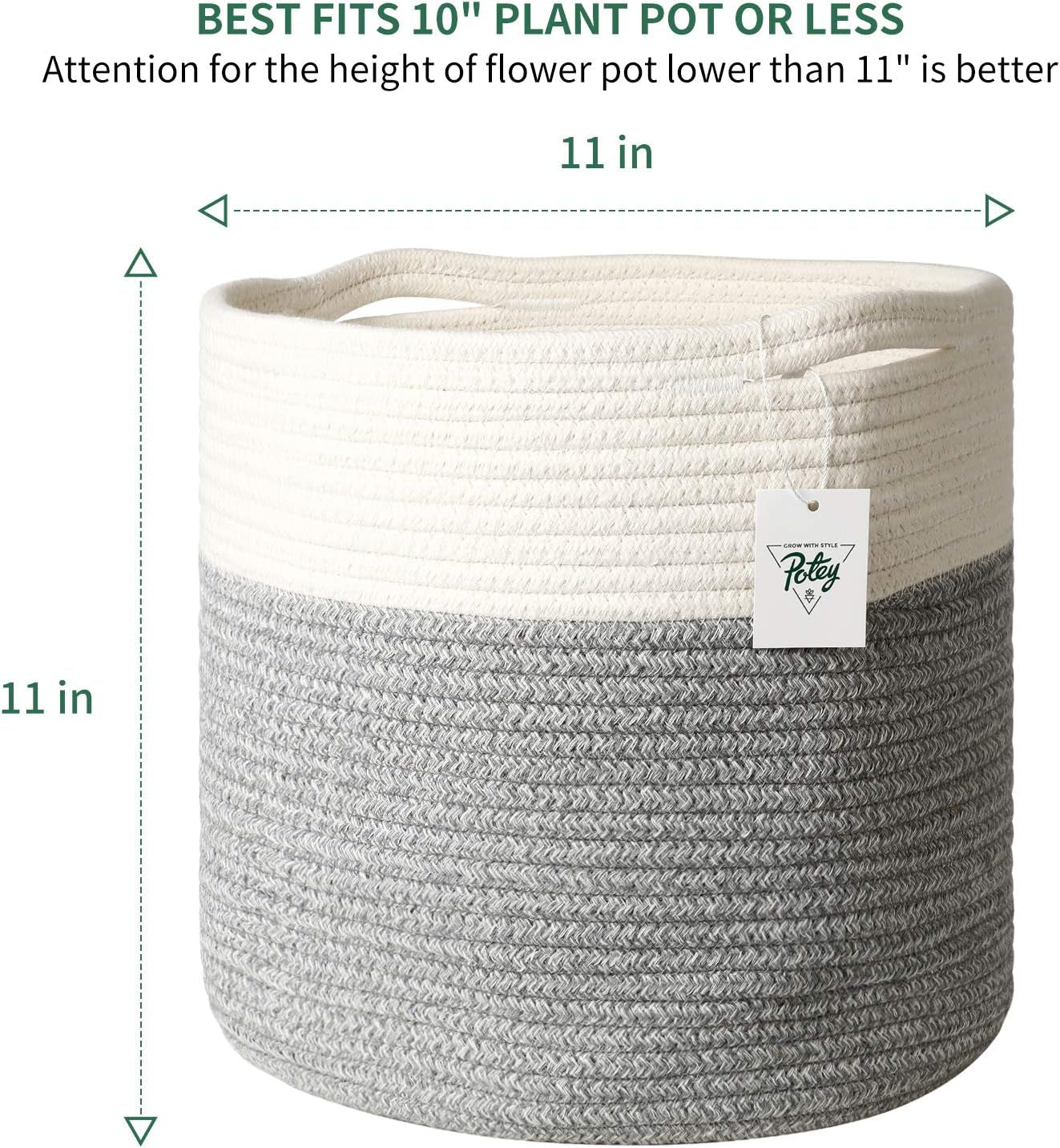 700902 Cotton Rope Woven Plant Basket Modern Woven Basket for 10" Flower Pot Floor Indoor Planters, Storage Organizer Basket Rustic Home Decor, White Grey Stripes 11"X 11"