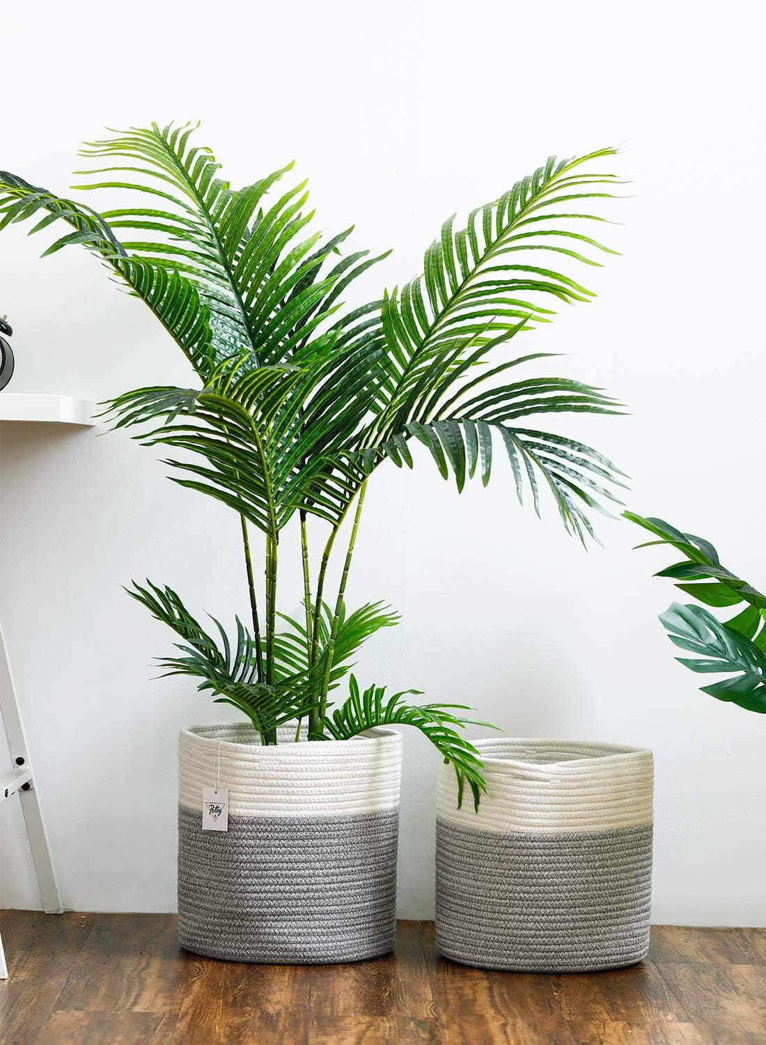 700902 Cotton Rope Woven Plant Basket Modern Woven Basket for 10" Flower Pot Floor Indoor Planters, Storage Organizer Basket Rustic Home Decor, White Grey Stripes 11"X 11"