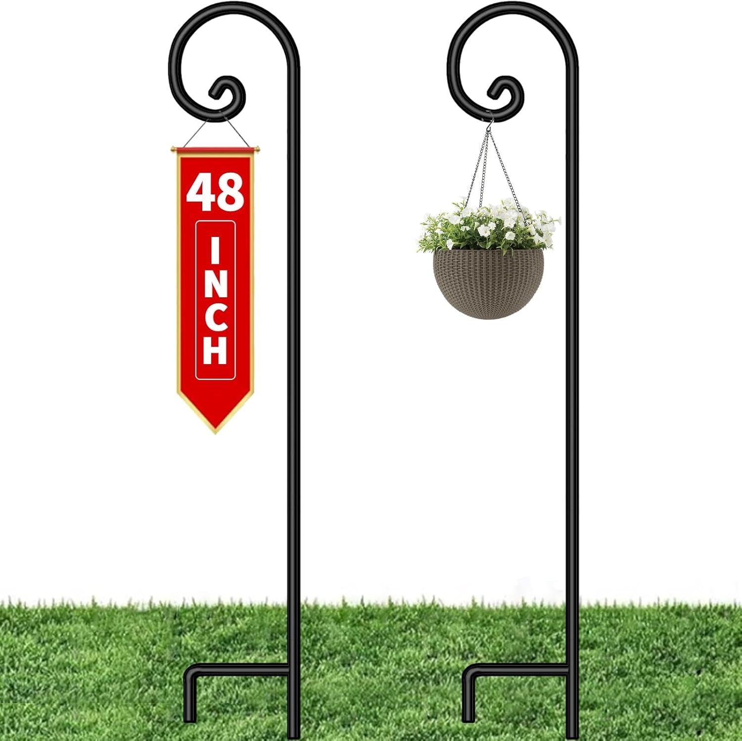 Shepherd Hook 48 Inch 2 Pack No Assembly Required 2/5 Inch Heavy Duty Solid Metal Hanging Pole for Outdoor Garden Plant,Bird Feeder,Lanterns,Wedding Decor,Plant Baskets Wind Chimes