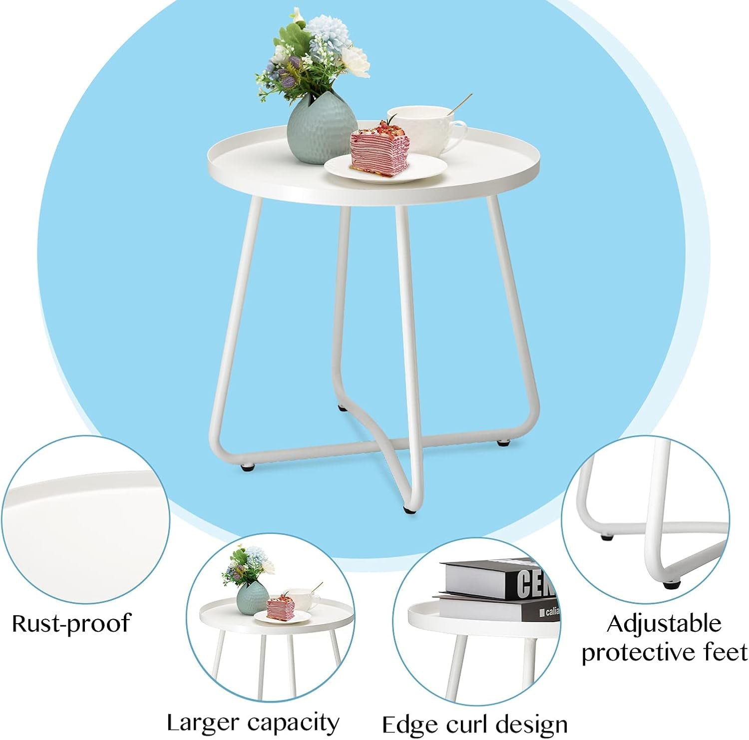 Outdoor Side Tables, Weather Resistant Steel Patio Side Table, Small round Outdoor End Table Metal Side Table for Patio Yard Balcony Garden Bedside White