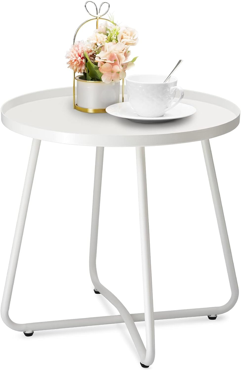 Outdoor Side Tables, Weather Resistant Steel Patio Side Table, Small round Outdoor End Table Metal Side Table for Patio Yard Balcony Garden Bedside White